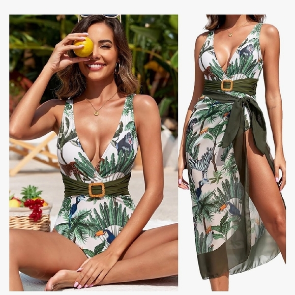 IDOPIP Tropical Print Green and Beige SWIMSUIT with sarong. - Picture 10 of 16